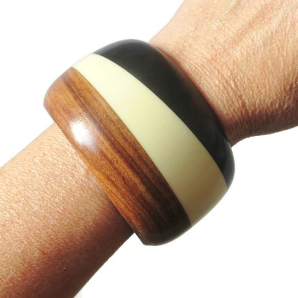 Black Brown Cream Striped Bangle Vintage Wood & Lucite Chunky Plastic Cuff - Picture 4 of 4